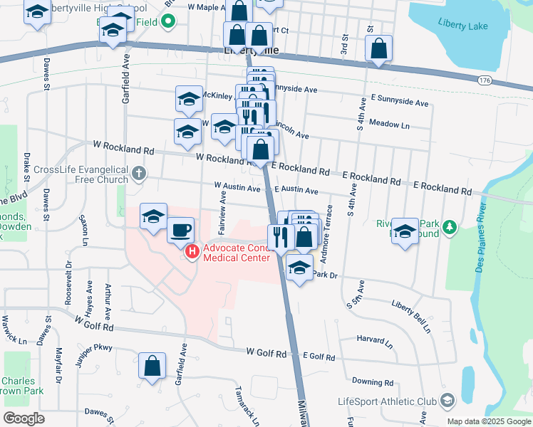 map of restaurants, bars, coffee shops, grocery stores, and more near 115 Coolidge Avenue in Libertyville
