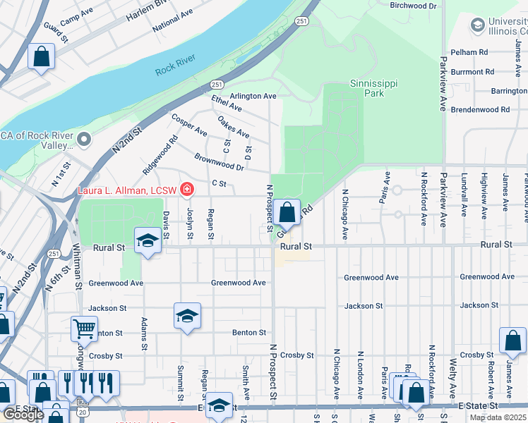 map of restaurants, bars, coffee shops, grocery stores, and more near 744 North Prospect Street in Rockford