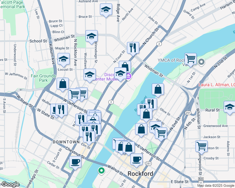 map of restaurants, bars, coffee shops, grocery stores, and more near in Rockford