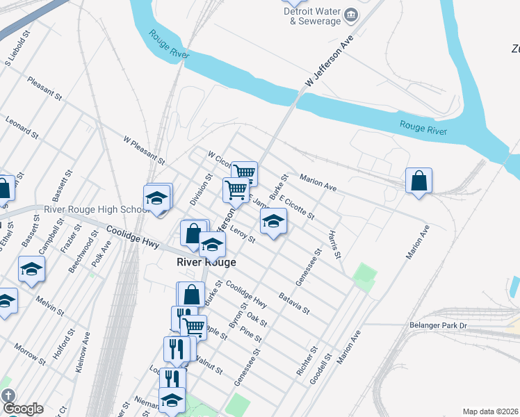 map of restaurants, bars, coffee shops, grocery stores, and more near 16 East James Street in River Rouge