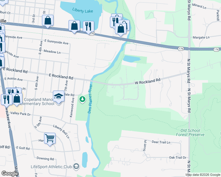 map of restaurants, bars, coffee shops, grocery stores, and more near 15575 Rockland Road in Libertyville