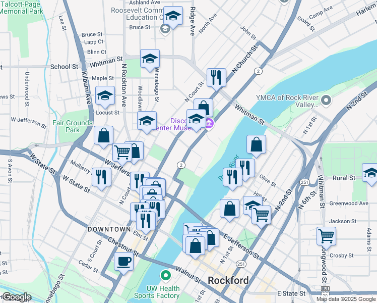 map of restaurants, bars, coffee shops, grocery stores, and more near 531 North Main Street in Rockford