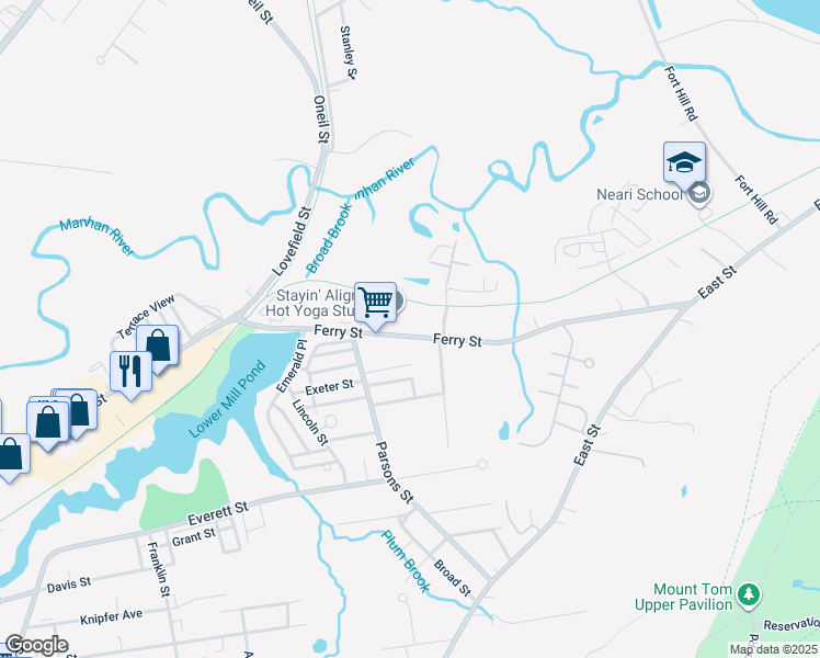 map of restaurants, bars, coffee shops, grocery stores, and more near 79-81 Ferry Street in Easthampton