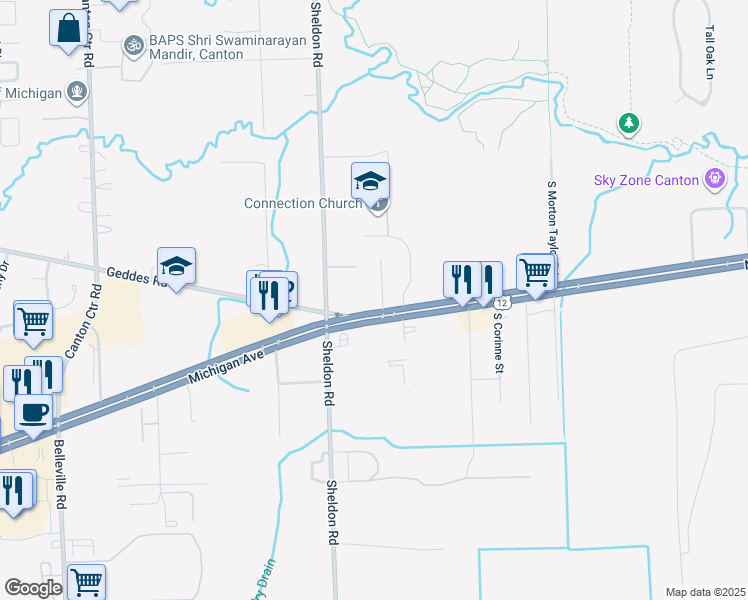 map of restaurants, bars, coffee shops, grocery stores, and more near 44100 Michigan Avenue in Canton