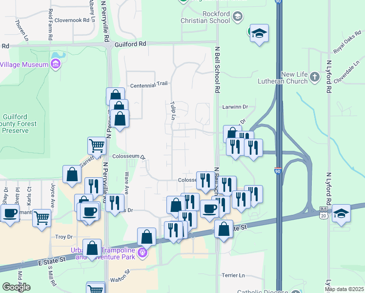 map of restaurants, bars, coffee shops, grocery stores, and more near 7366 Travertine Trail in Rockford