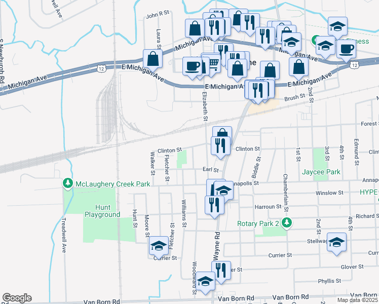 map of restaurants, bars, coffee shops, grocery stores, and more near 35719 Clinton Street in Wayne