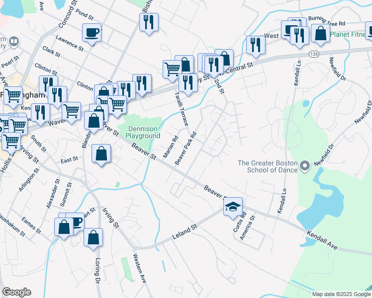 map of restaurants, bars, coffee shops, grocery stores, and more near 17 Beaver Park Road in Framingham