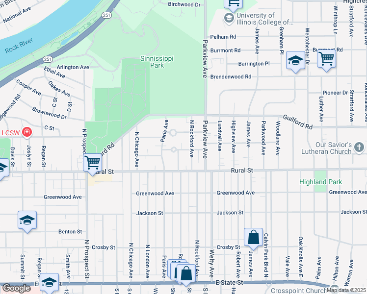 map of restaurants, bars, coffee shops, grocery stores, and more near 2210 Oaklawn Avenue in Rockford