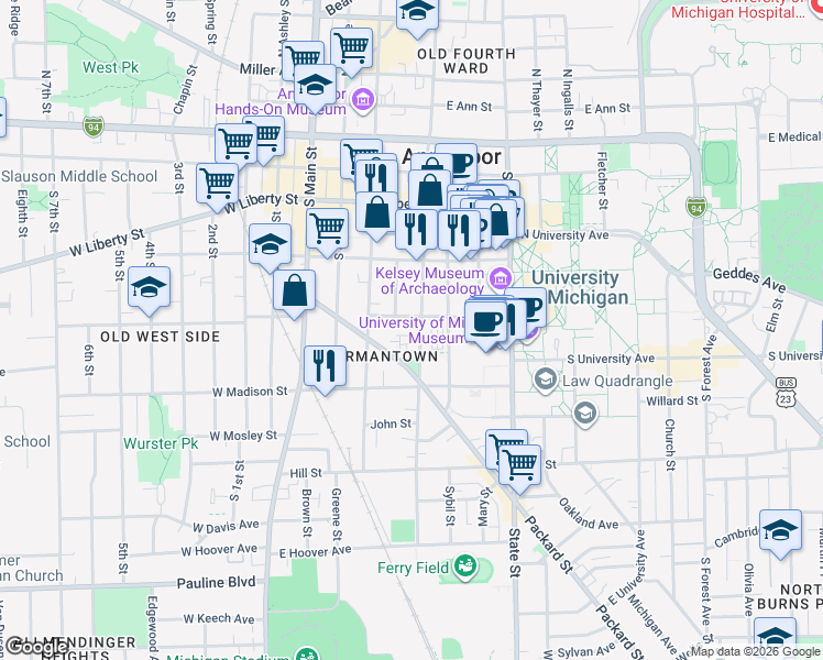 map of restaurants, bars, coffee shops, grocery stores, and more near 508 South Division Street in Ann Arbor