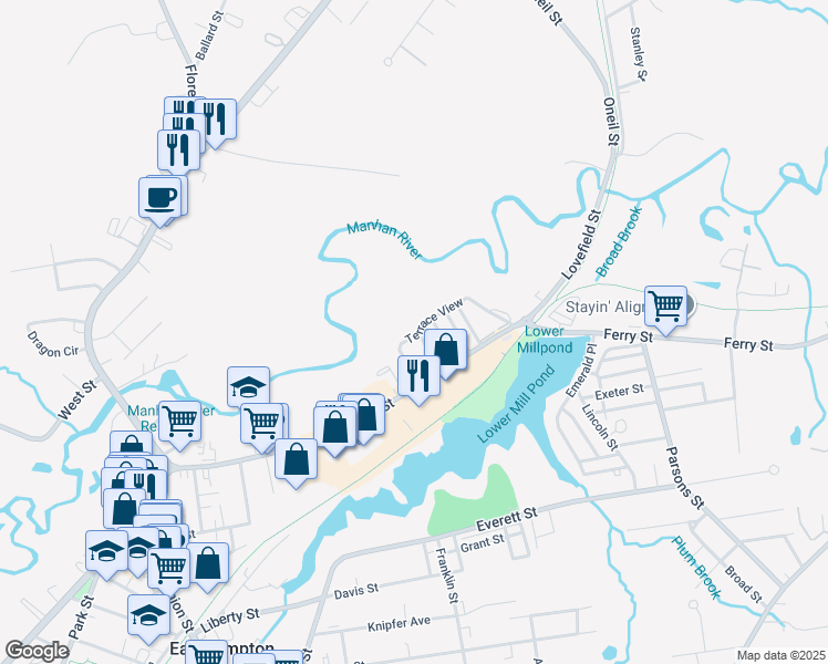 map of restaurants, bars, coffee shops, grocery stores, and more near 20 Terrace View in Easthampton