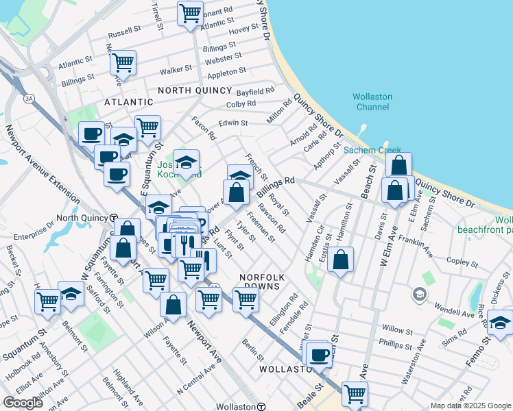 map of restaurants, bars, coffee shops, grocery stores, and more near 167 Billings Road in Quincy