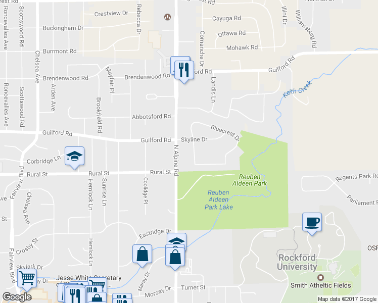 map of restaurants, bars, coffee shops, grocery stores, and more near 802 Medford Drive in Rockford