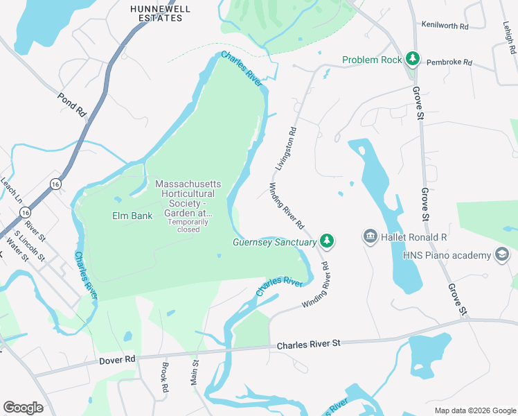 map of restaurants, bars, coffee shops, grocery stores, and more near 12 Winding River Circle in Wellesley