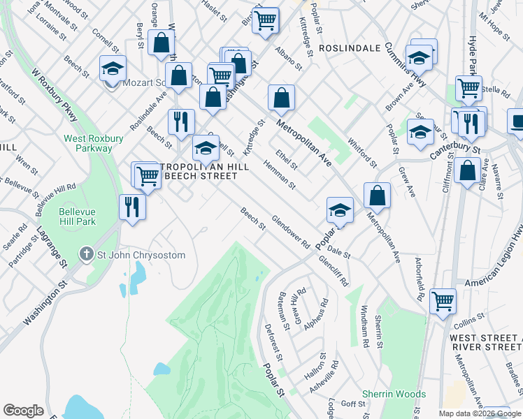 map of restaurants, bars, coffee shops, grocery stores, and more near 79 Glendower Road in Boston