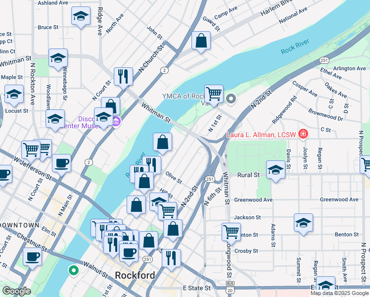 map of restaurants, bars, coffee shops, grocery stores, and more near 765 North Madison Street in Rockford
