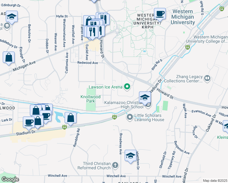 map of restaurants, bars, coffee shops, grocery stores, and more near 1439 Knollwood Avenue in Kalamazoo