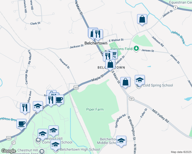 map of restaurants, bars, coffee shops, grocery stores, and more near 36 Maple Street in Belchertown