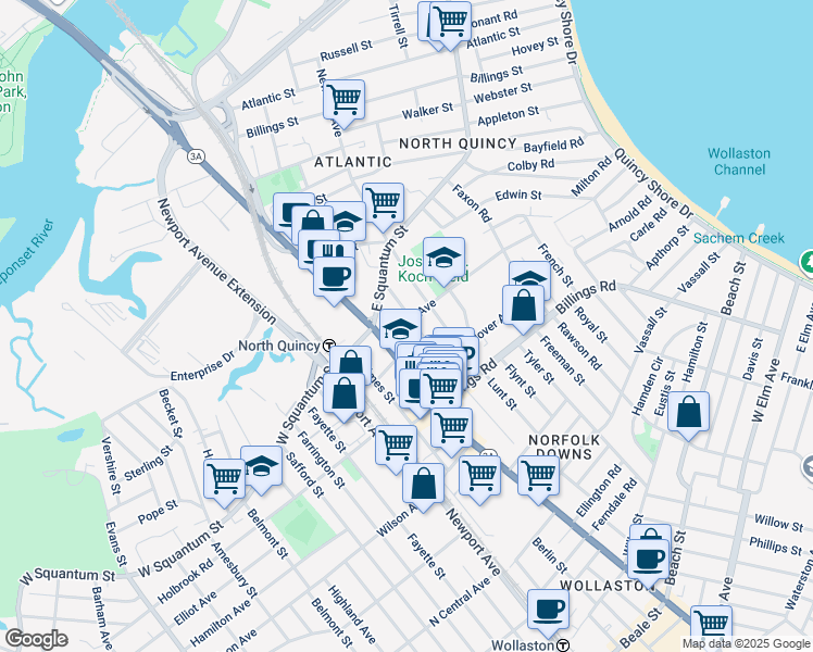 map of restaurants, bars, coffee shops, grocery stores, and more near 21 Hollis Avenue in Quincy