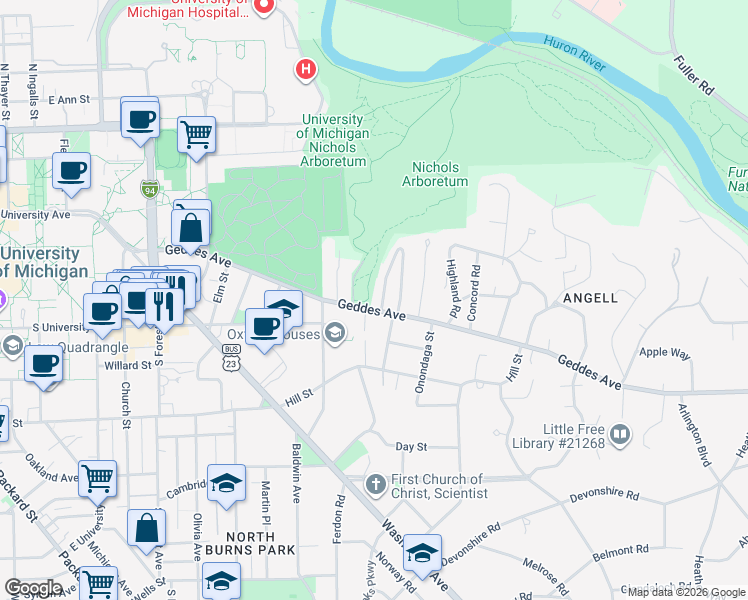 map of restaurants, bars, coffee shops, grocery stores, and more near 1913 Geddes Avenue in Ann Arbor