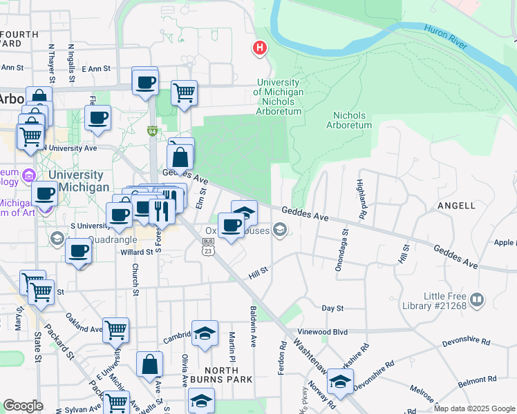 map of restaurants, bars, coffee shops, grocery stores, and more near 1701 Geddes Avenue in Ann Arbor