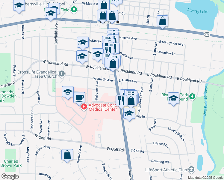 map of restaurants, bars, coffee shops, grocery stores, and more near 115 Coolidge Avenue in Libertyville