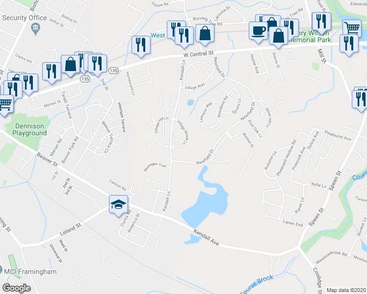 map of restaurants, bars, coffee shops, grocery stores, and more near 16 Village Brook Lane in Natick
