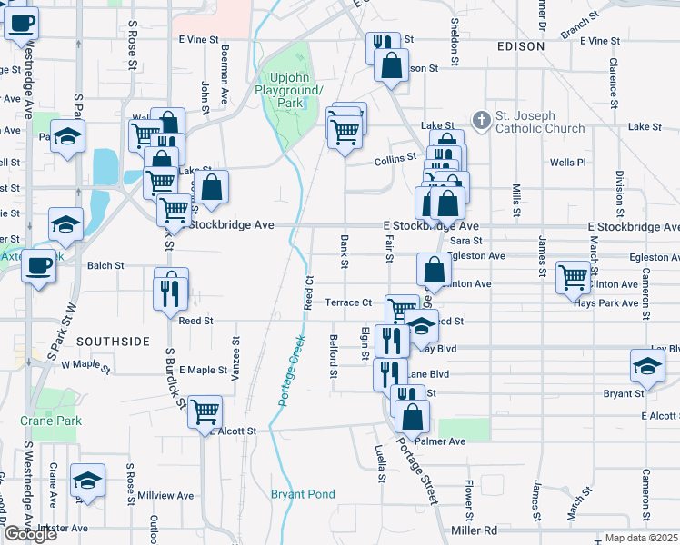 map of restaurants, bars, coffee shops, grocery stores, and more near 1518 Bank Street in Kalamazoo