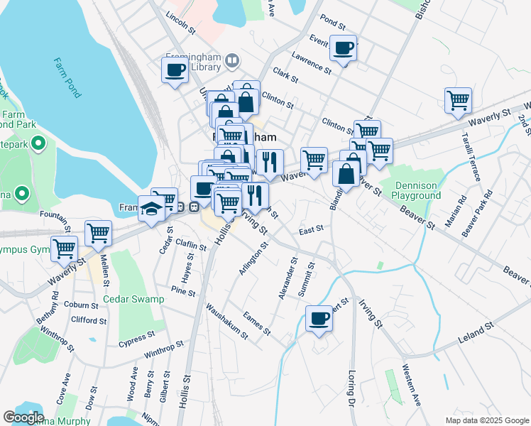 map of restaurants, bars, coffee shops, grocery stores, and more near 35 South Street in Framingham