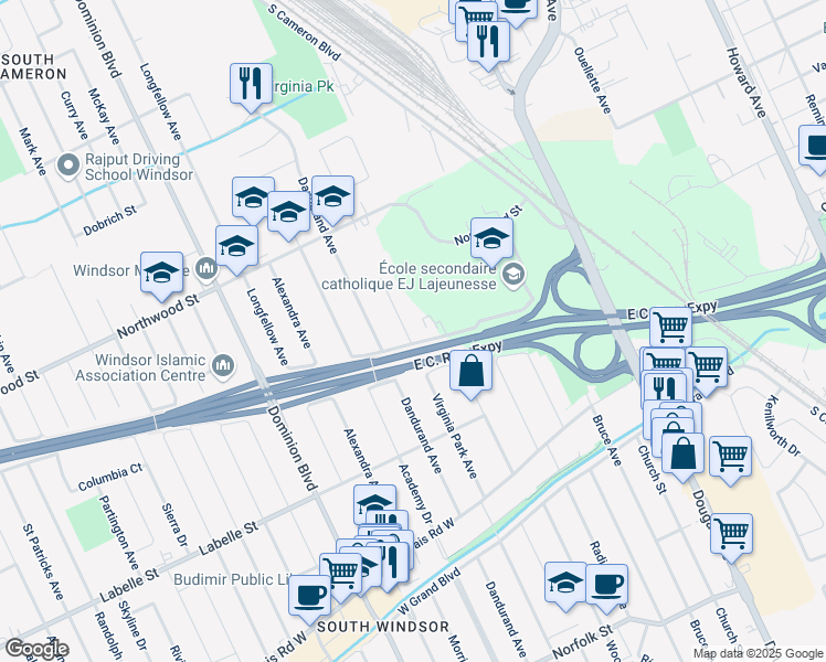 map of restaurants, bars, coffee shops, grocery stores, and more near 2630 Virginia Park Avenue in Windsor