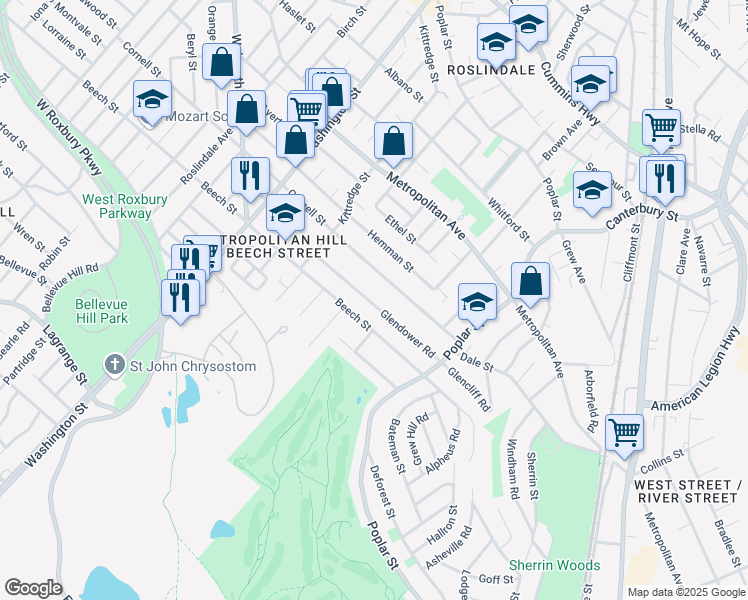 map of restaurants, bars, coffee shops, grocery stores, and more near 79 Glendower Road in Boston
