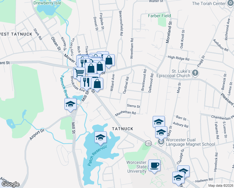 map of restaurants, bars, coffee shops, grocery stores, and more near 15 Maxdale Road in Worcester