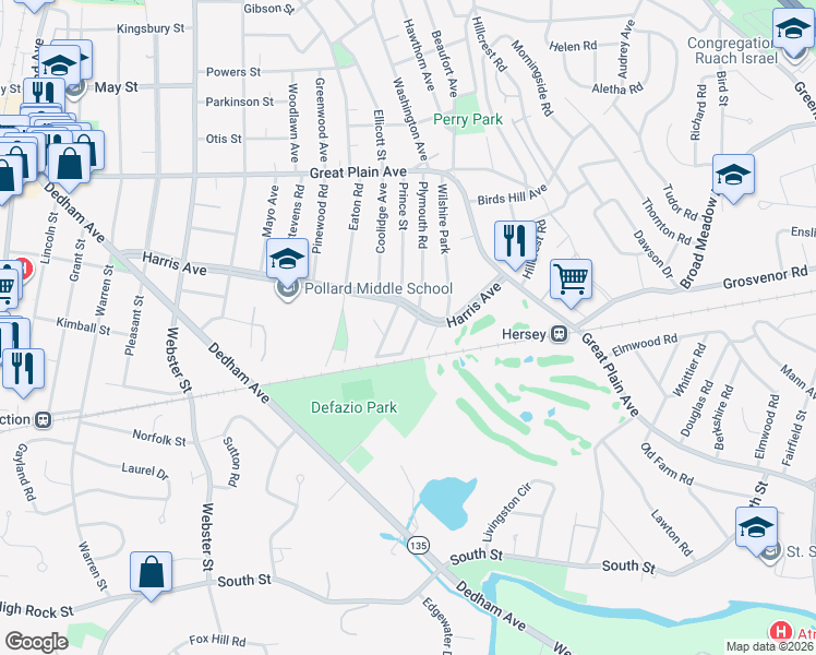 map of restaurants, bars, coffee shops, grocery stores, and more near 131 Plymouth Road in Needham