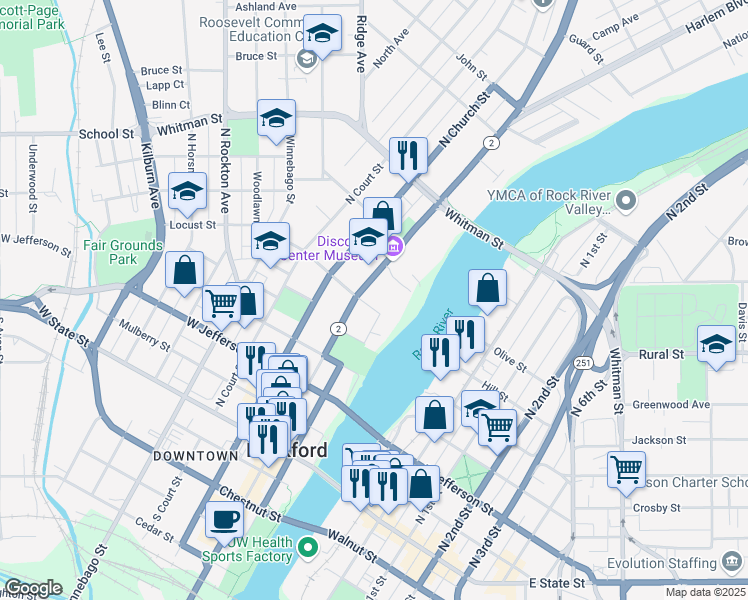 map of restaurants, bars, coffee shops, grocery stores, and more near 605 North Main Street in Rockford