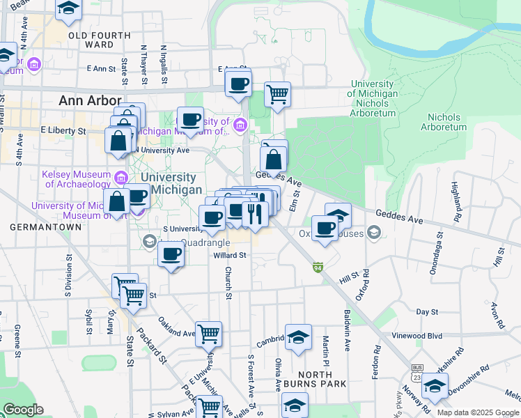 map of restaurants, bars, coffee shops, grocery stores, and more near 904 Forest in Ann Arbor
