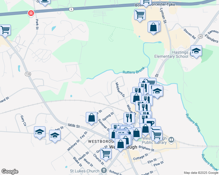 map of restaurants, bars, coffee shops, grocery stores, and more near 8 Mayberry Drive in Westborough