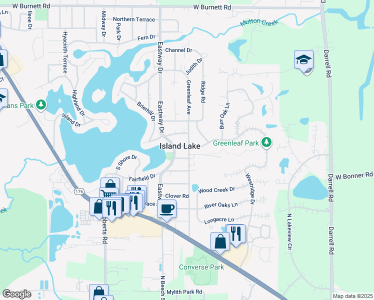map of restaurants, bars, coffee shops, grocery stores, and more near 415 Rose Avenue in Island Lake