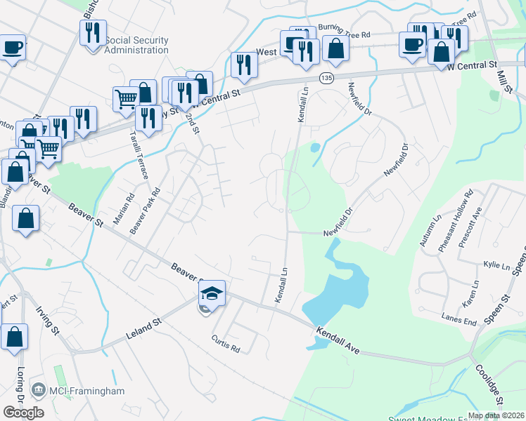 map of restaurants, bars, coffee shops, grocery stores, and more near 13 Village Hill Lane in Natick