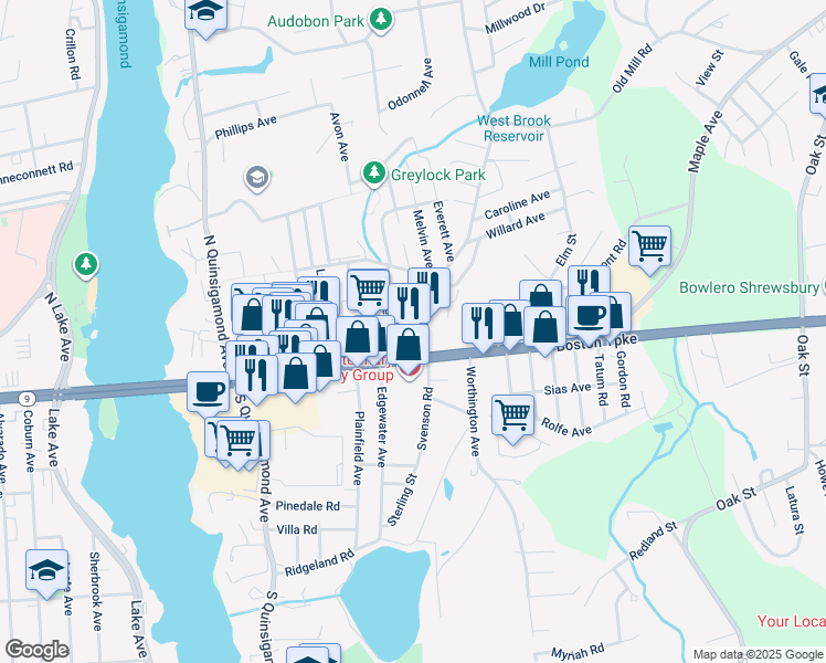 map of restaurants, bars, coffee shops, grocery stores, and more near 11 Harrington Avenue in Shrewsbury