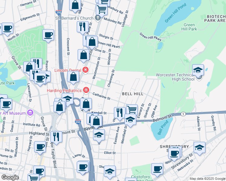 map of restaurants, bars, coffee shops, grocery stores, and more near 26 Channing Street in Worcester
