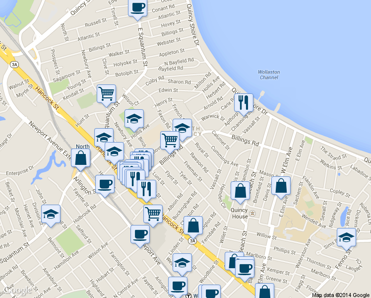 map of restaurants, bars, coffee shops, grocery stores, and more near 167 Billings Road in Quincy