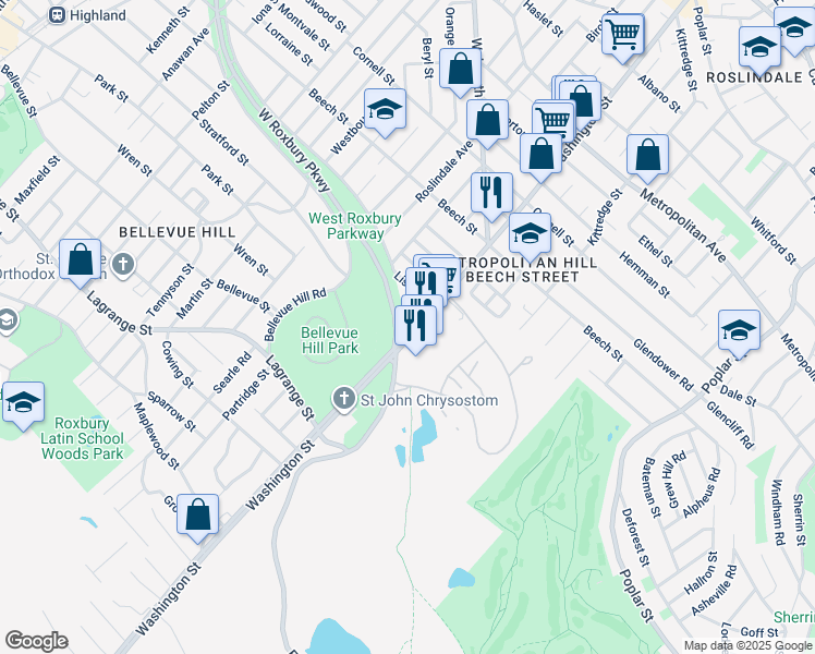 map of restaurants, bars, coffee shops, grocery stores, and more near 4635 Washington Street in Boston
