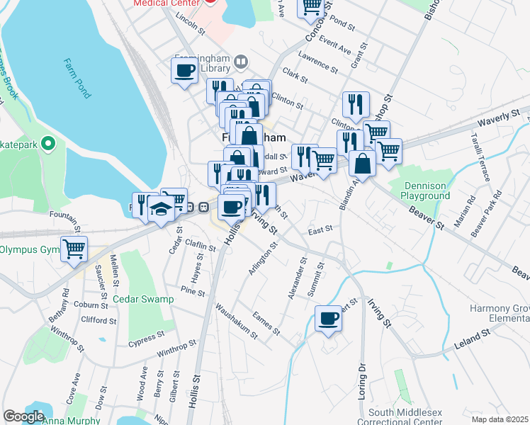 map of restaurants, bars, coffee shops, grocery stores, and more near 35 South Street in Framingham