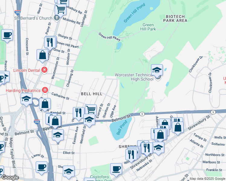map of restaurants, bars, coffee shops, grocery stores, and more near 92 Stanton Street in Worcester