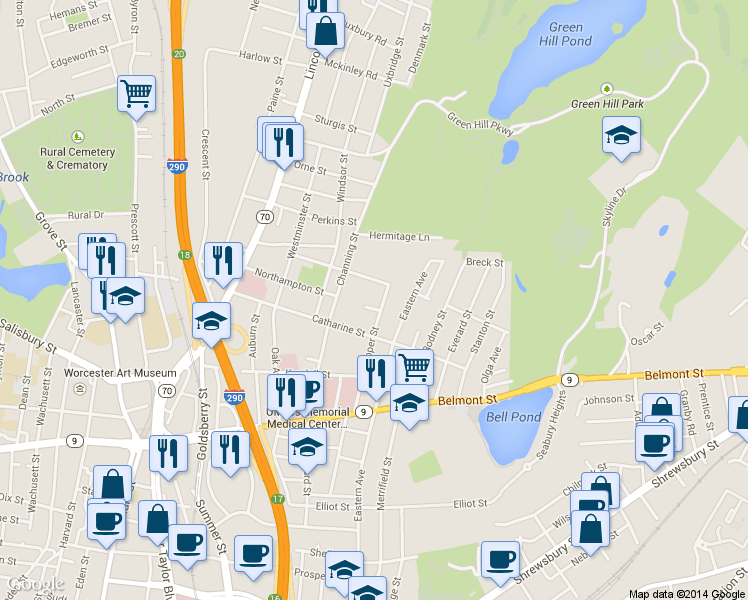 map of restaurants, bars, coffee shops, grocery stores, and more near 26 Channing Street in Worcester