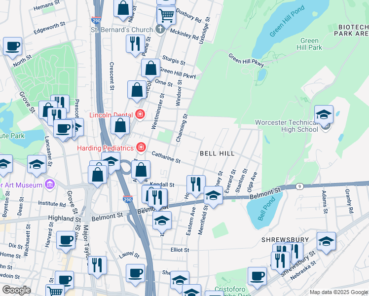 map of restaurants, bars, coffee shops, grocery stores, and more near 26 Channing Street in Worcester