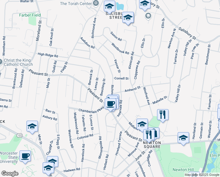 map of restaurants, bars, coffee shops, grocery stores, and more near 20 Beeching Street in Worcester
