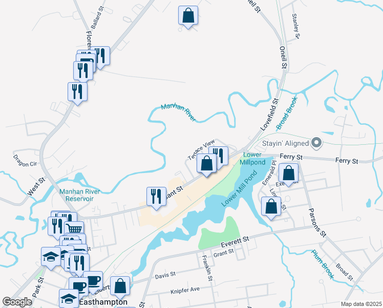 map of restaurants, bars, coffee shops, grocery stores, and more near 20 Terrace View in Easthampton