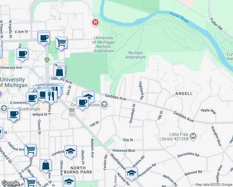 map of restaurants, bars, coffee shops, grocery stores, and more near 1913 Geddes Avenue in Ann Arbor