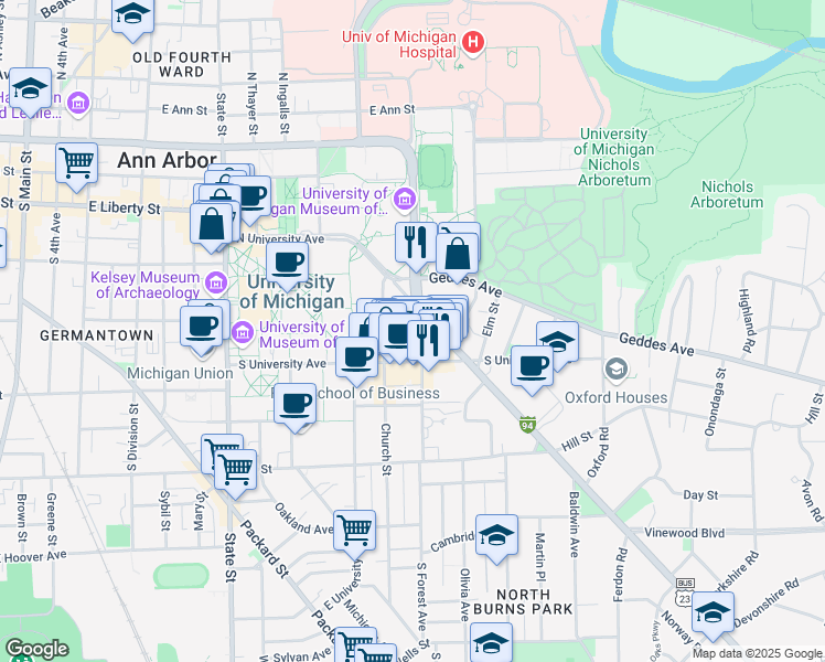 map of restaurants, bars, coffee shops, grocery stores, and more near 514 South Forest Avenue in Ann Arbor