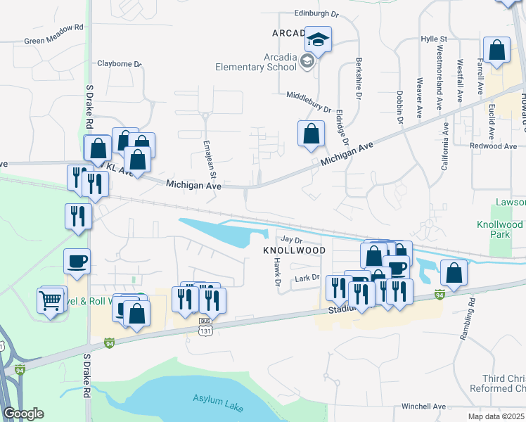 map of restaurants, bars, coffee shops, grocery stores, and more near 3920 Pine Terrace Boulevard in Kalamazoo